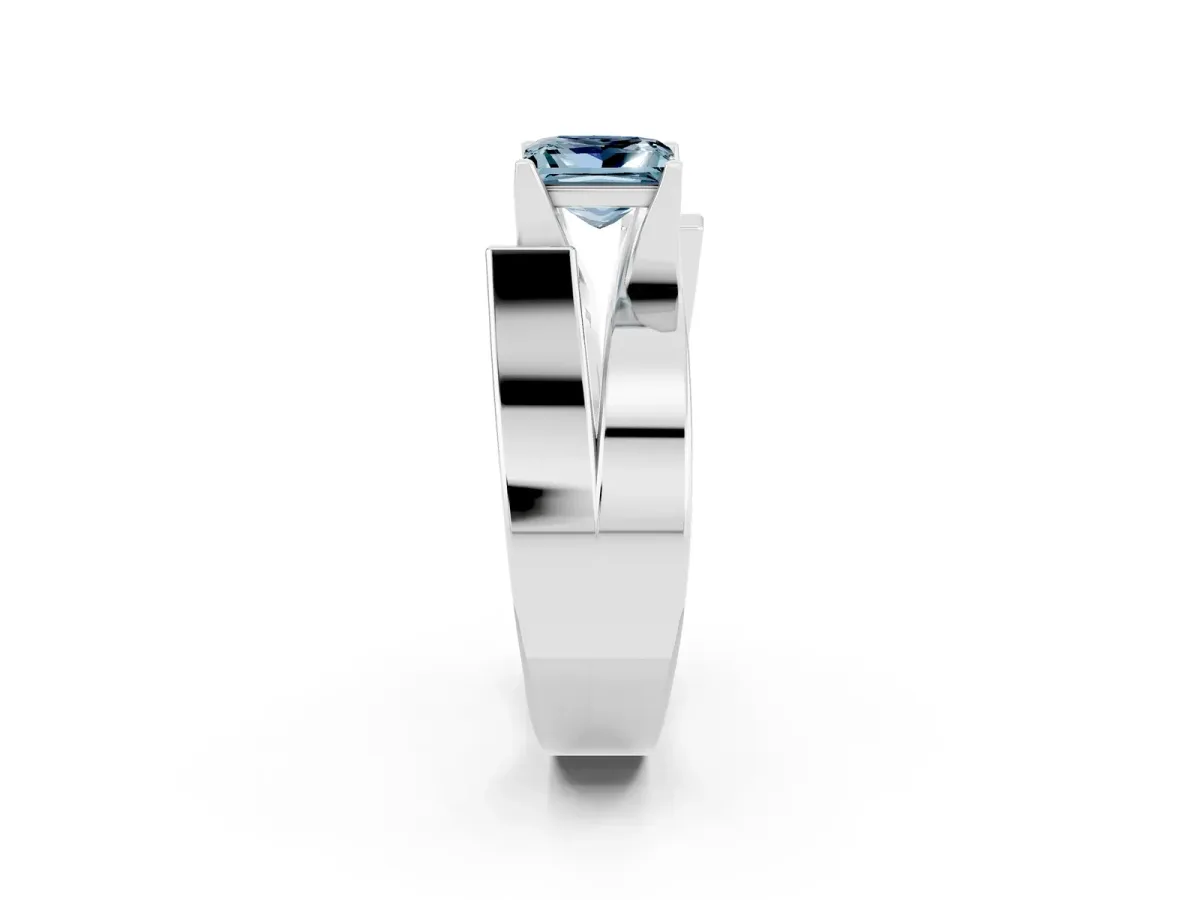 Modern Tension Set Princess Cut Aquamarine Solitaire Wide Band Ring White gold