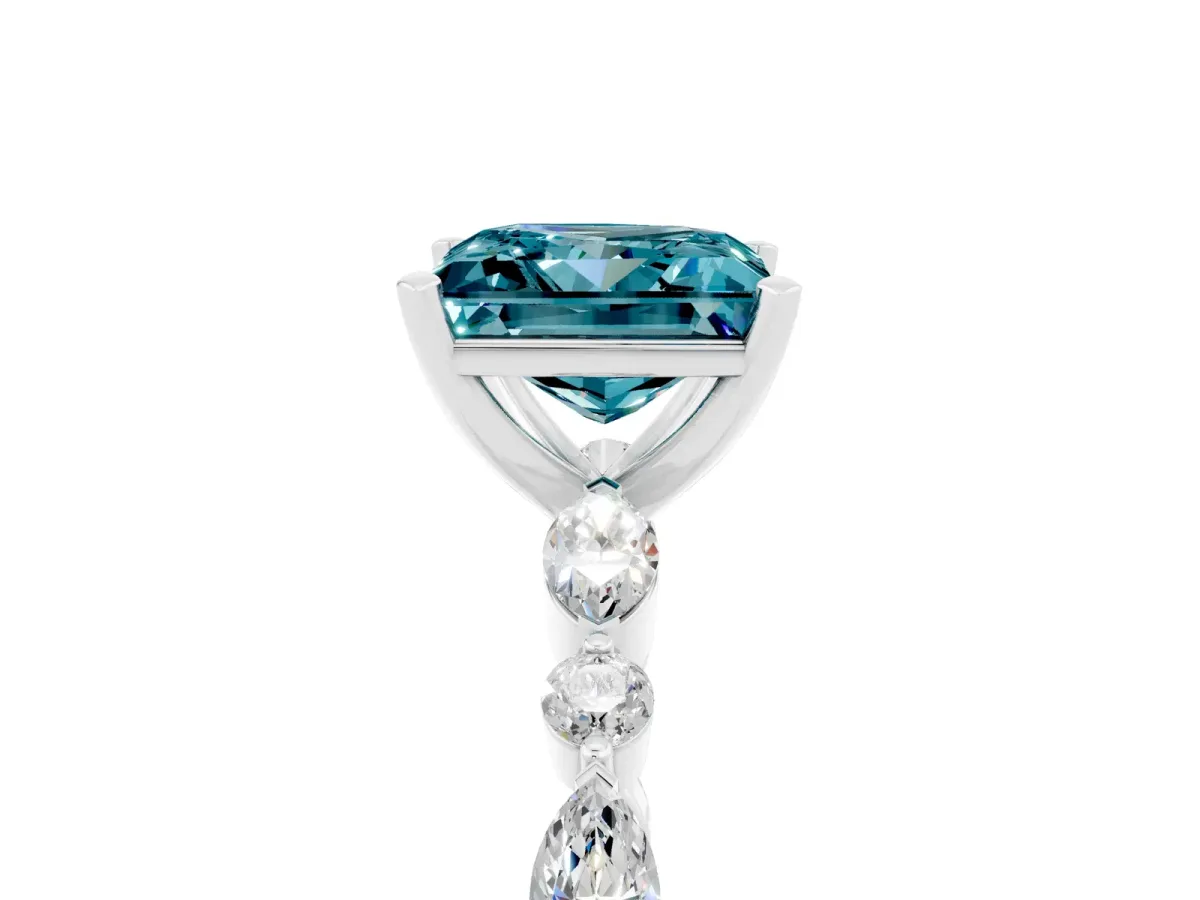 Princess Cut Blue Topaz Ring with Marquise and Round Side Stones and Four-Prong Setting White gold