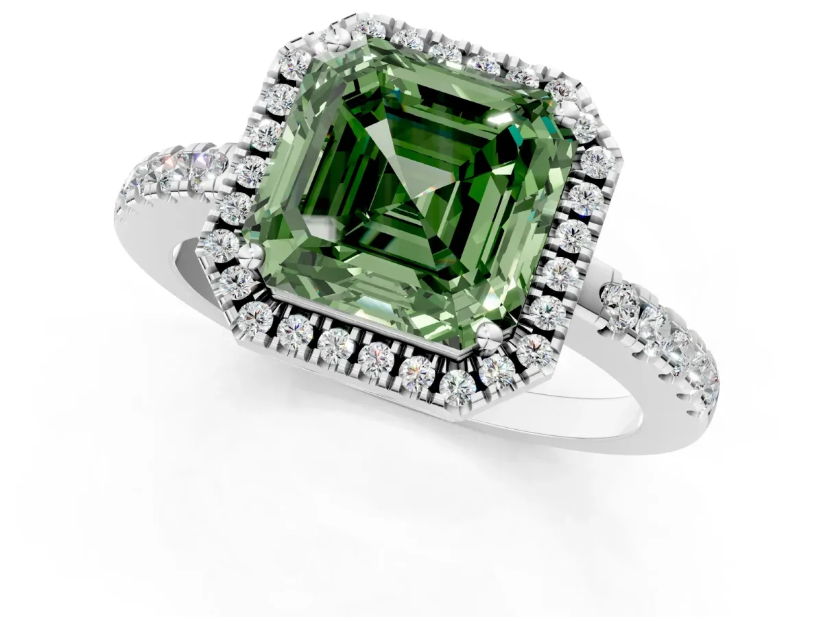 Fancy Green Asscher Cut Halo Diamond Engagement Ring with Pavé Band and Four-Prong Setting Platinum
