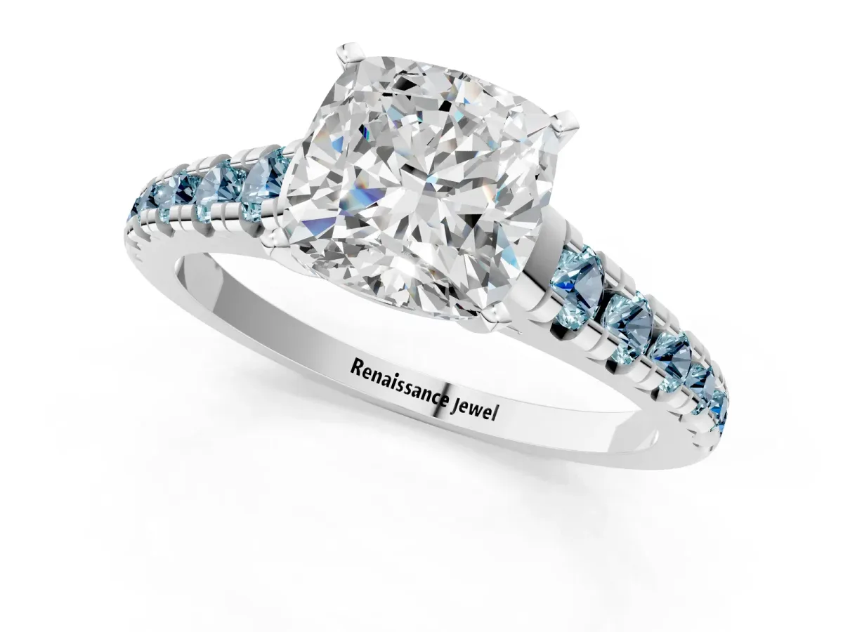 Cushion Cut Diamond Cathedral Solitaire Ring with Round Aquamarine Pavé Band White gold