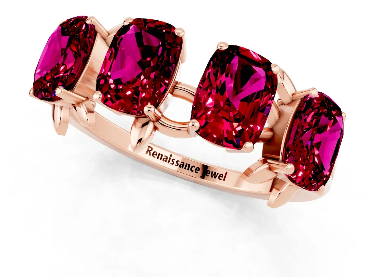 Four-Stone Elongated Cushion Garnet Band with Nature-Inspired Prong Setting Rose gold
