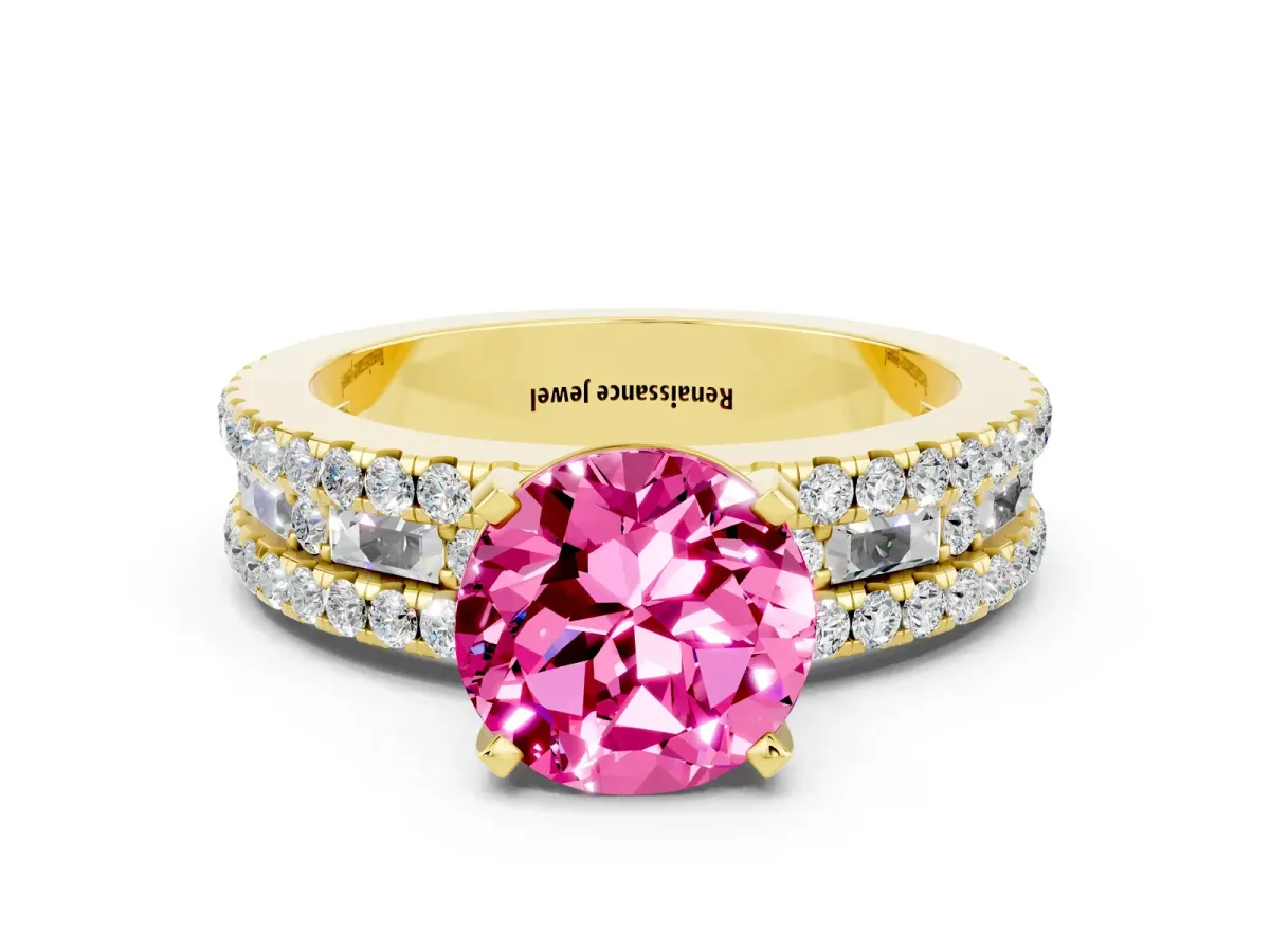 Round Cut Pink Sapphire Solitaire Ring with Pavé and Channel Set Band Yellow gold