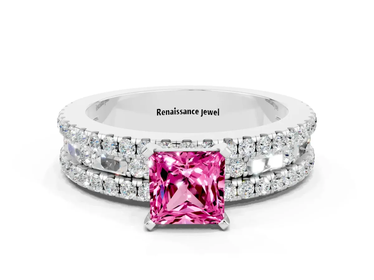 Princess Cut Pink Sapphire Solitaire Ring with Pavé and Channel Set Band White gold