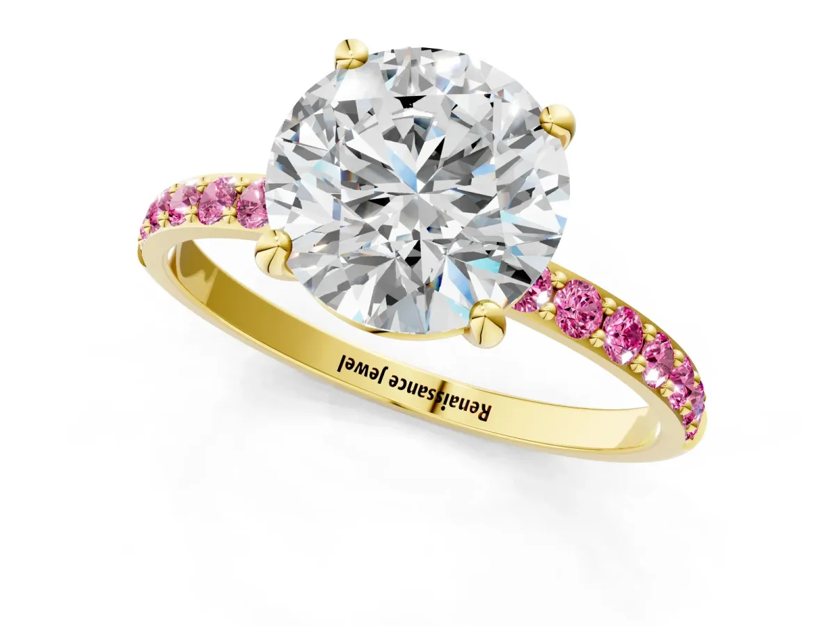 Round Cut Diamond Solitaire Ring with Round Pink Sapphire Pavé Band and Prong Setting Yellow gold