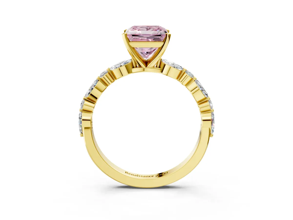 Fancy Pink Princess Cut Diamond Ring with Marquise and Round Side Stones and Four-Prong Setting Yellow gold