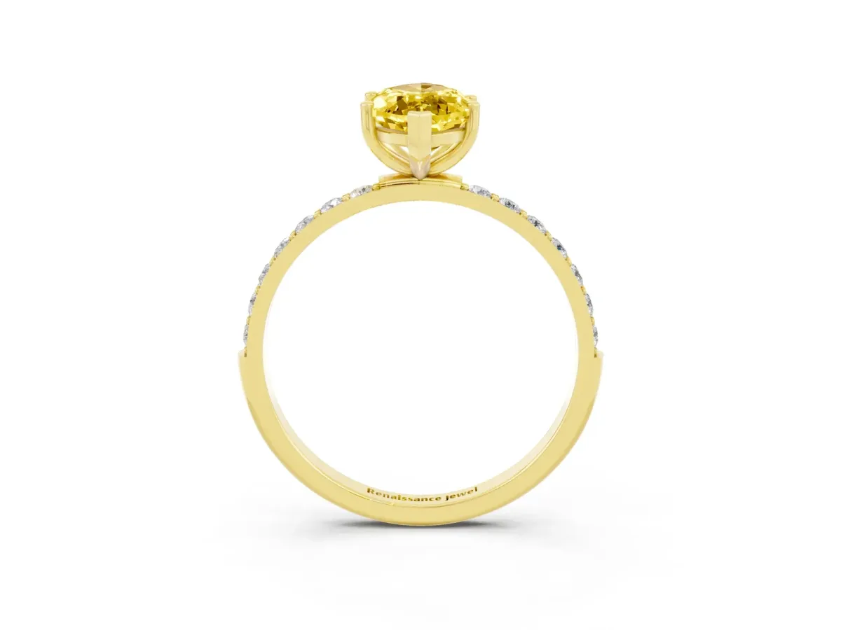 Marquise Cut Yellow Sapphire Solitaire Ring with Round Pavé Band and Prong Setting Yellow gold