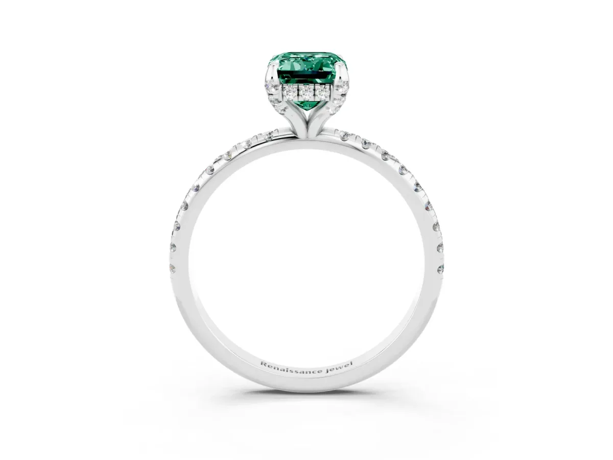 Emerald Cut Green Sapphire Hidden Halo Engagement Ring with Round Pavé Band and Prong Setting Silver