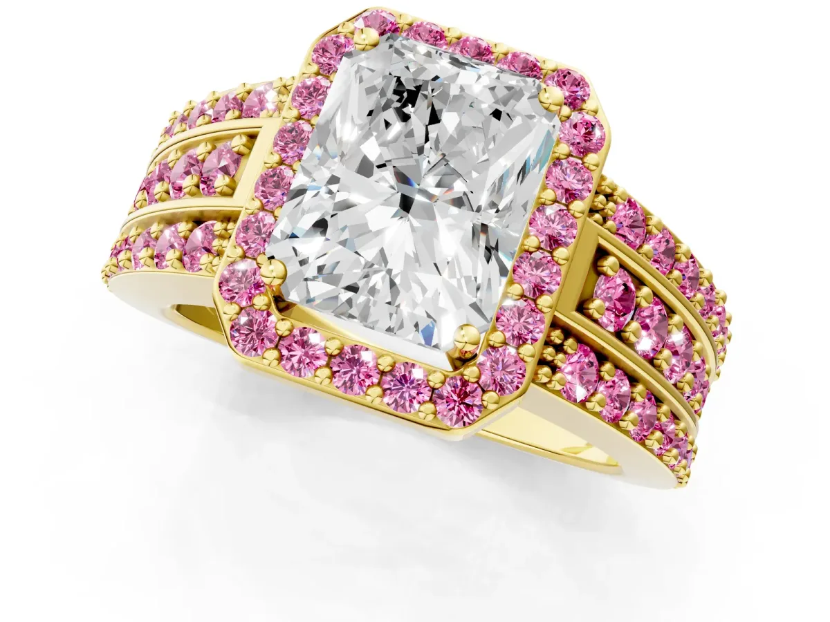 Radiant Cut Halo Diamond Ring with Round Pink Sapphire Split Shank and Prong Setting Yellow gold