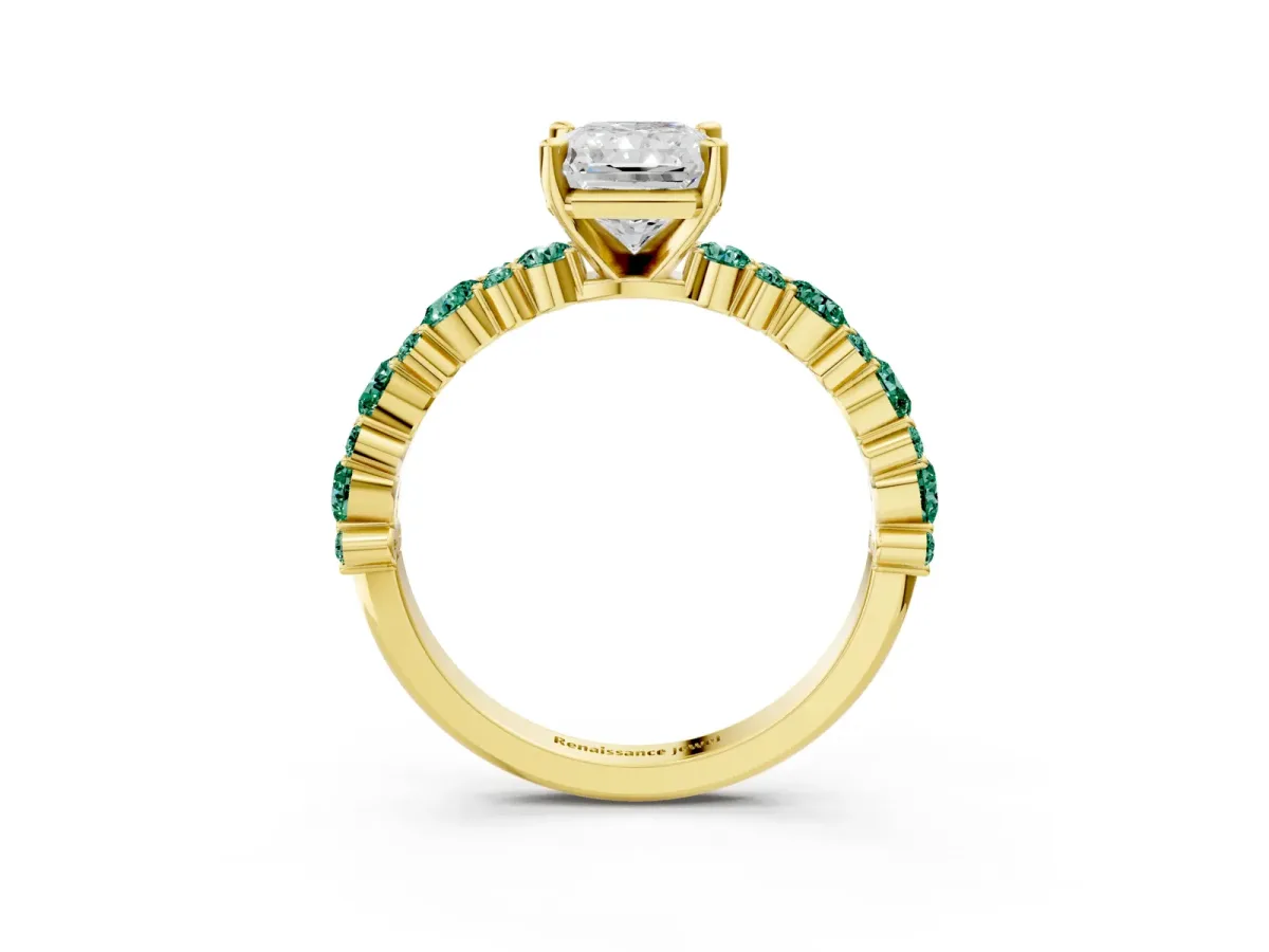 Radiant Cut Diamond Side Stone Solitaire Ring with Round Green Sapphire and Four-Prong Setting Yellow gold