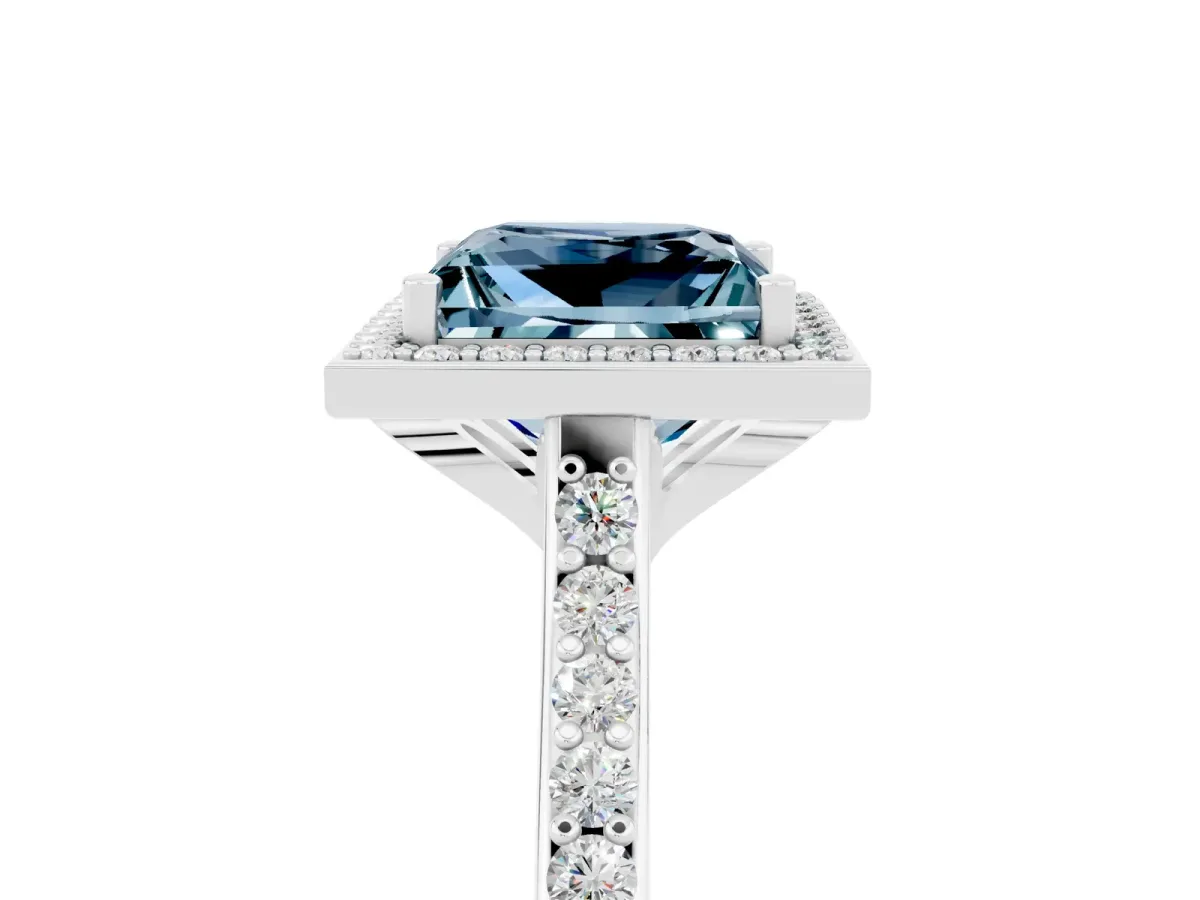 Princess Cut Aquamarine Halo Engagement Ring with Round Pavé Shoulders and Prong Setting Silver