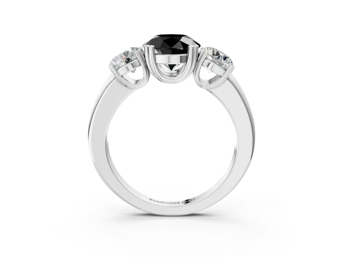 Fancy Black Three-Stone Round Cut Cut Diamond Ring with Channel Set Band and Four-Prong Setting Silver