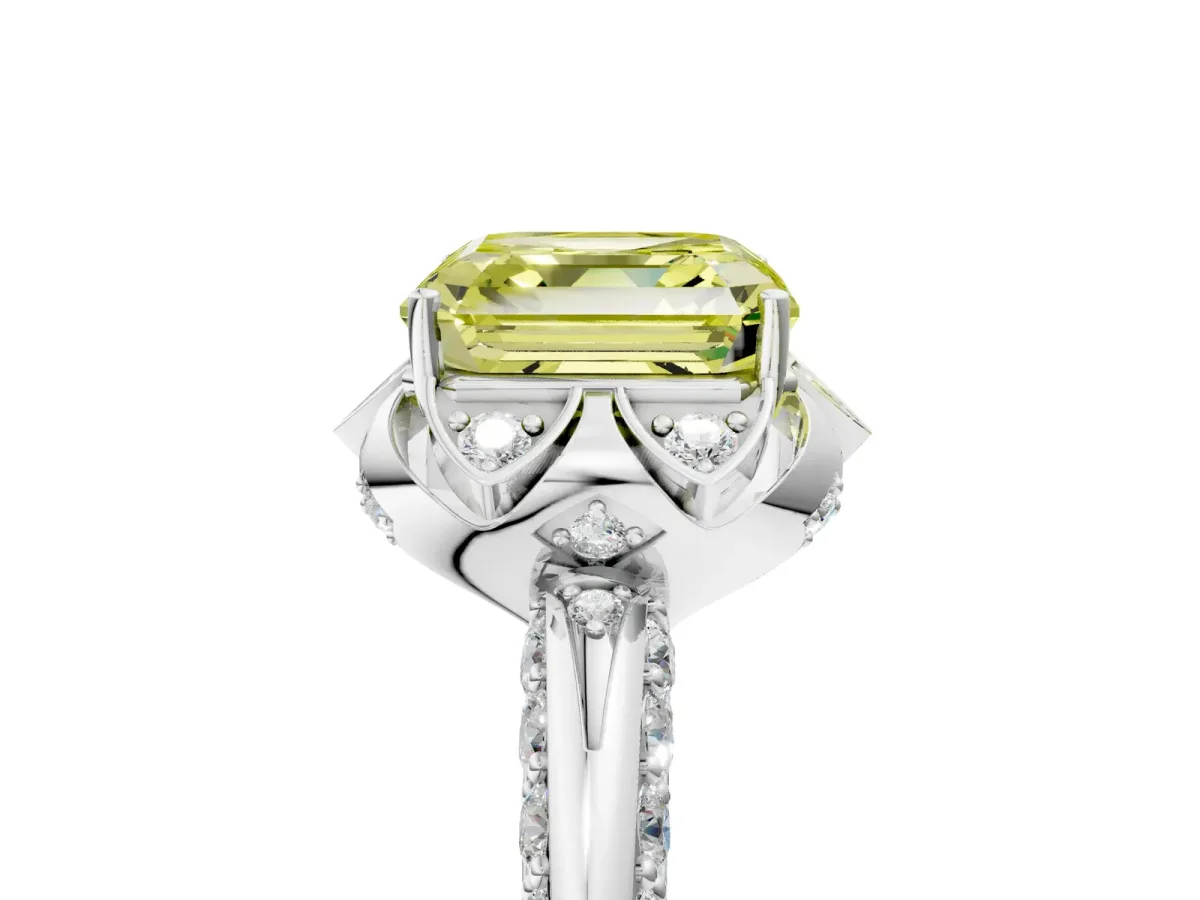Fancy Yellow Asscher Cut Halo Split Shank Pave Diamond Ring with Petal Prong Setting Platinum