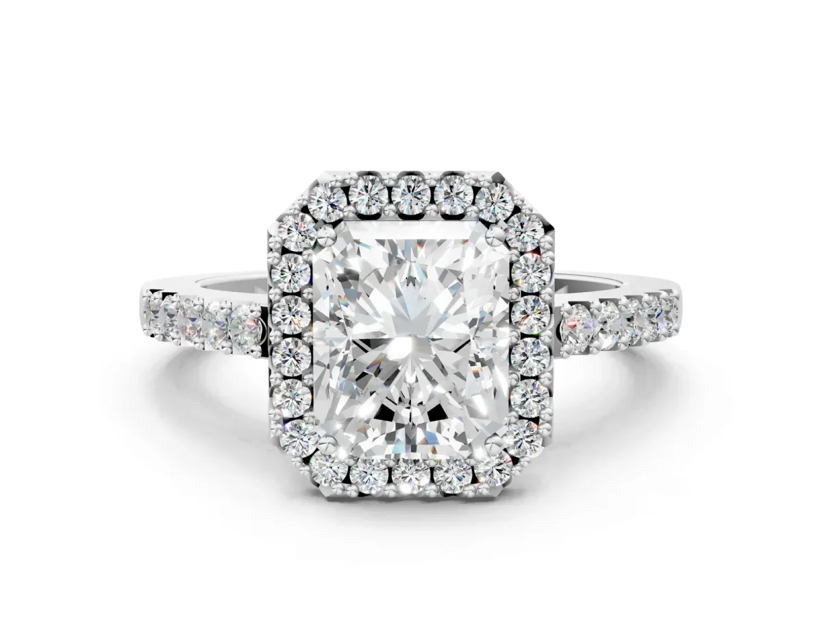 Radiant Cut Halo Diamond Pavé Solitaire Ring Platinum