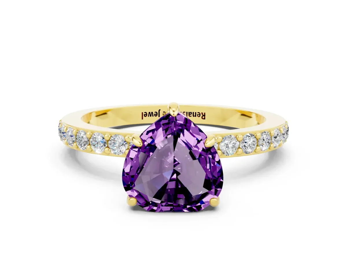 Heart Cut Amethyst Solitaire Engagement Ring with Pavé Band and Four-Prong Setting Yellow gold