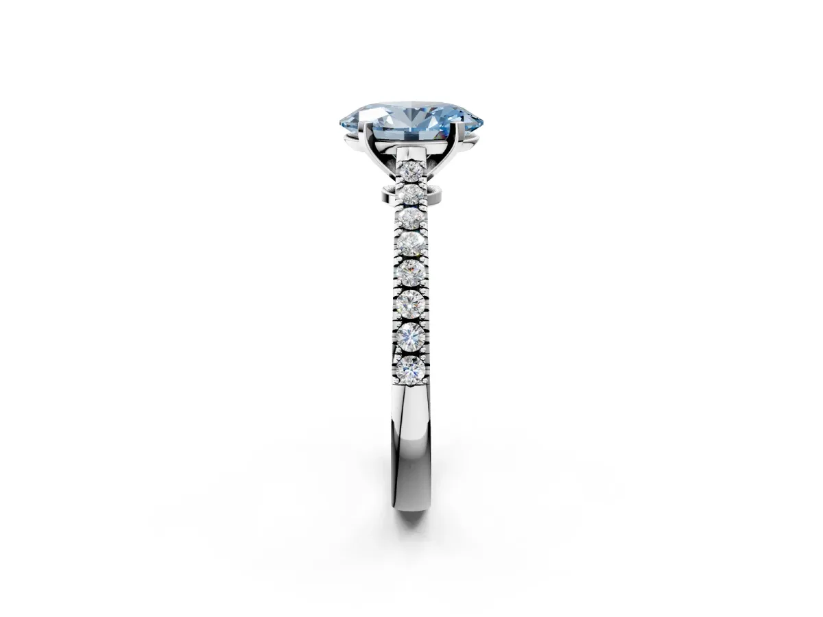 Fancy Blue Oval Cut Cut Solitaire Diamond Engagement Ring with Pave Band and Four-Prong Setting Silver