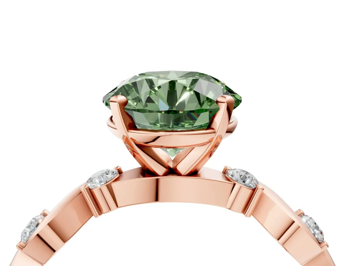 Fancy Green Asscher Cut Diamond Solitaire Twisted Band with Round Accents and Prong Setting Rose gold
