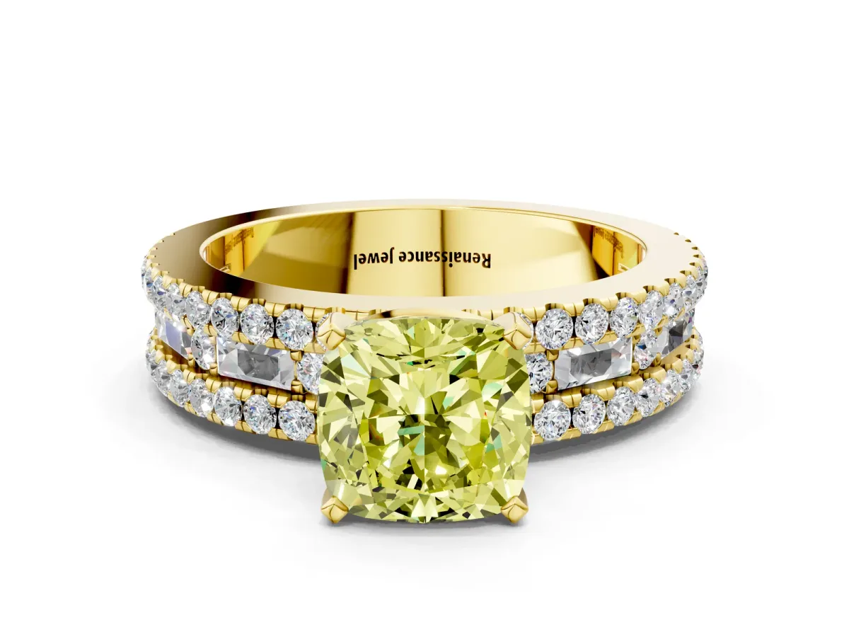 Fancy Yellow Cushion Cut Diamond Solitaire Ring with Pavé and Channel Set Band Yellow gold