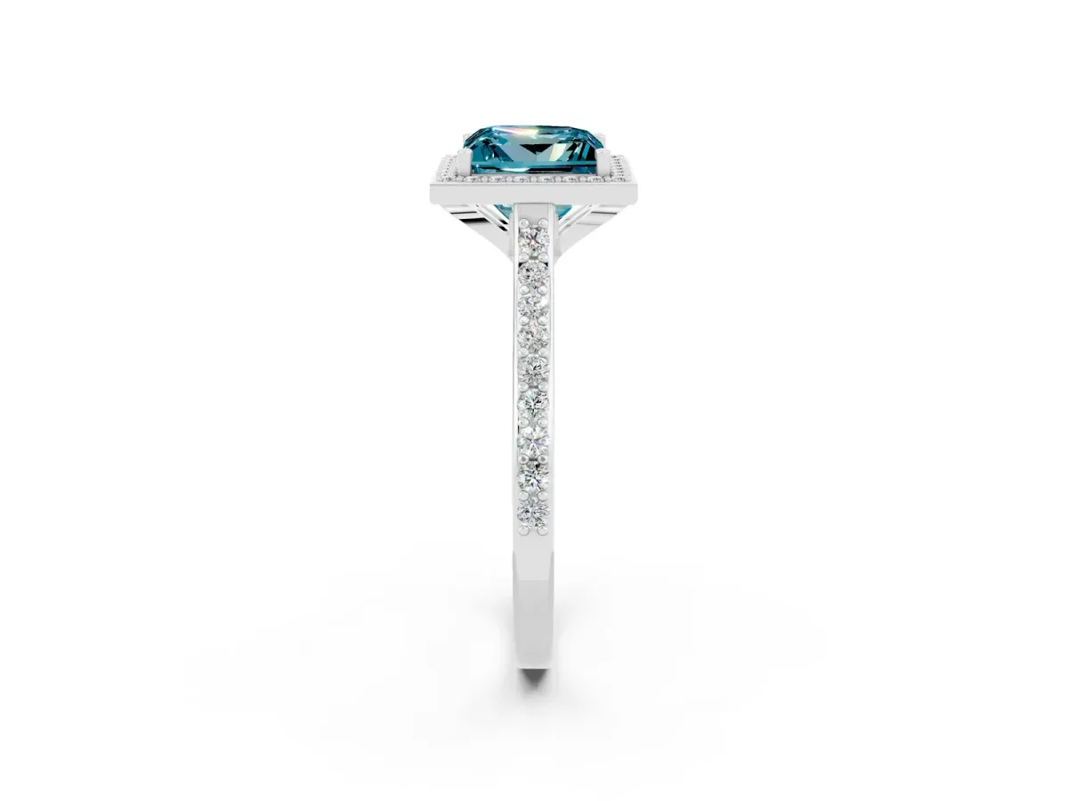 Princess Cut Blue Topaz Halo Engagement Ring with Round Pavé Shoulders and Prong Setting Silver