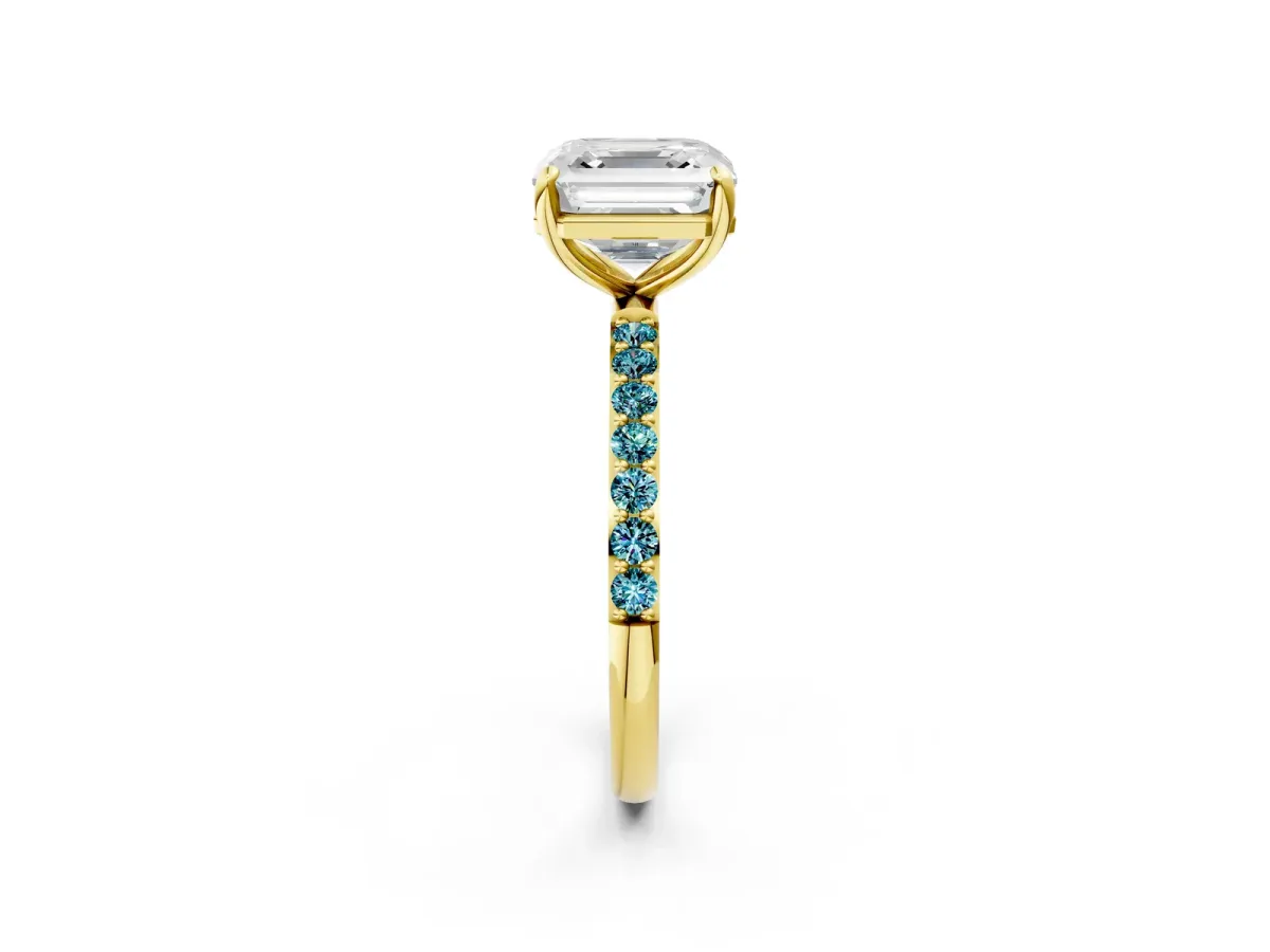 Asscher Cut Diamond Solitaire Ring with Round Blue Topaz Pavé Band and Prong Setting Yellow gold