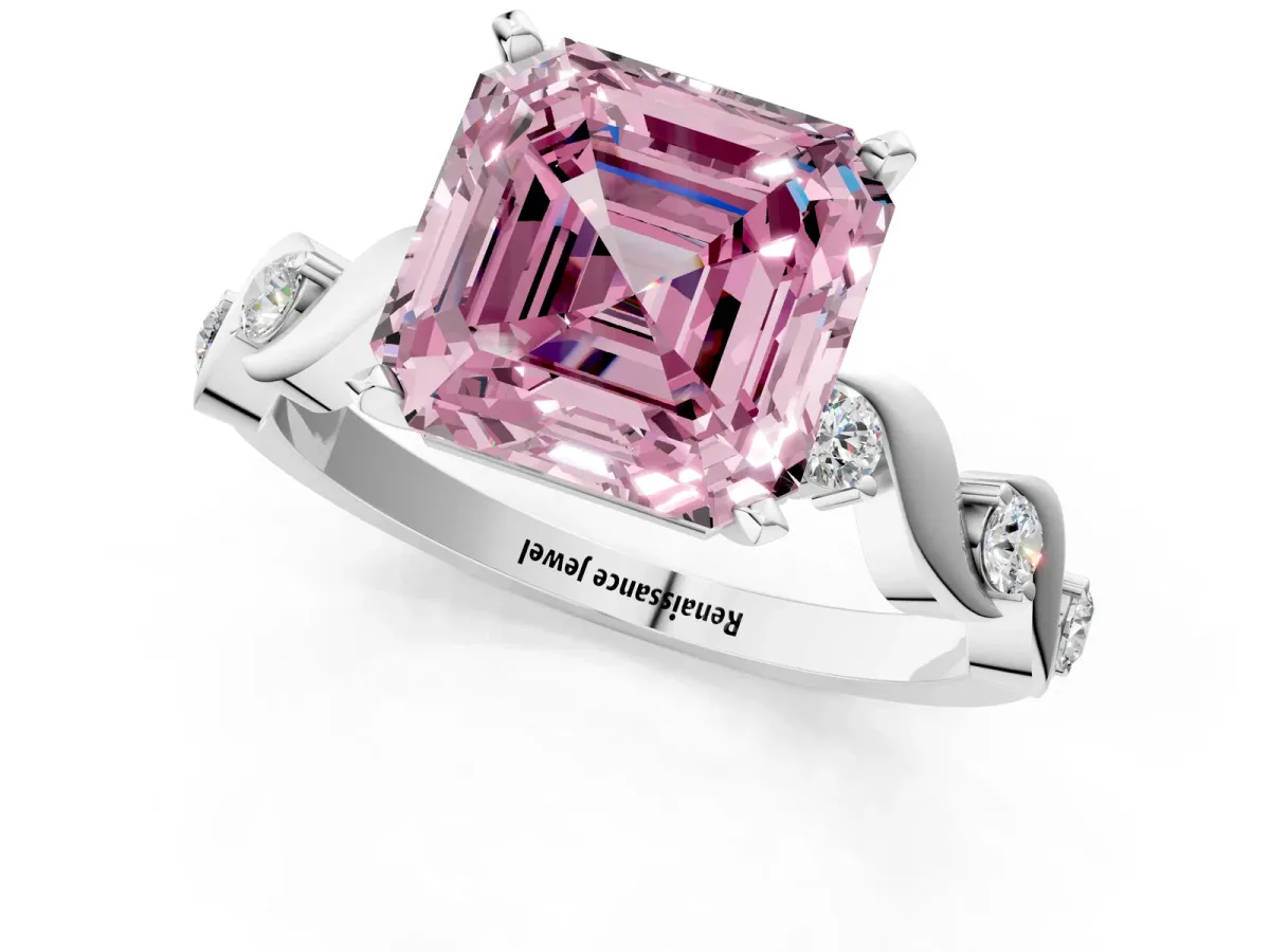 Fancy Pink Asscher Cut Diamond Solitaire Twisted Band with Round Accents and Prong Setting White gold