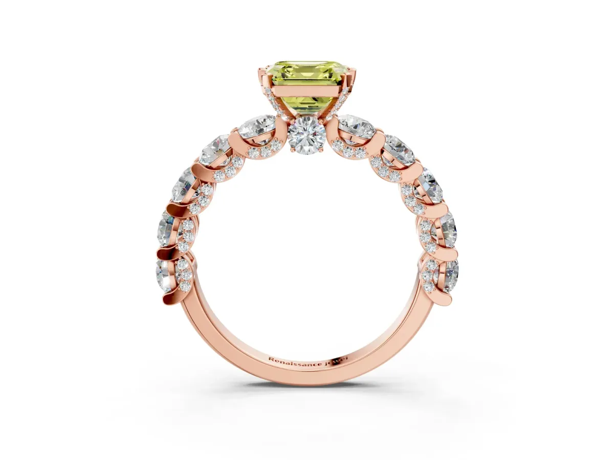 Fancy Yellow Asscher Cut Diamond Side Stone Engagement Ring with Four-Prong Setting Rose gold