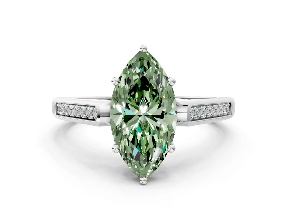 Fancy Green Marquise Cut Solitaire Cathedral Diamond Engagement Ring with Channel-Set Band and Four-Prong Setting Silver