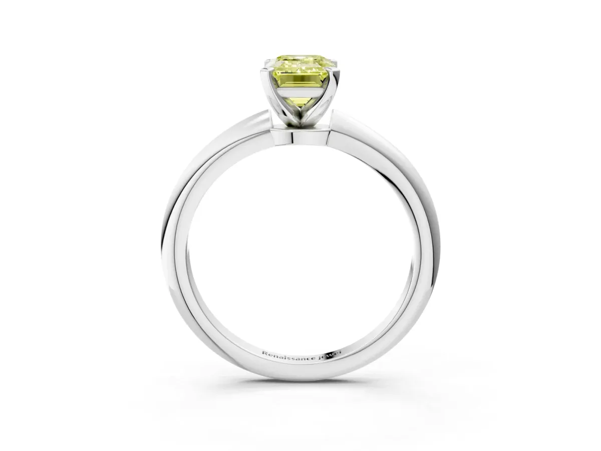 Fancy Yellow Emerald Cut Diamond Solitaire Ring with Six-Prong Setting and Classic Band Platinum