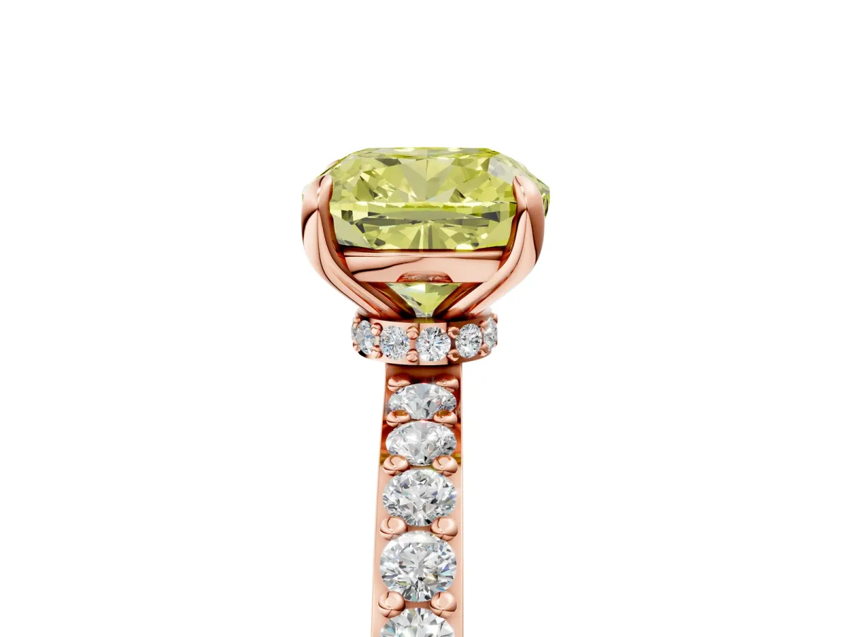 Fancy Yellow Cushion Cut Diamond Solitaire Engagement Ring with Pavé Band and Four-Prong Setting Rose gold