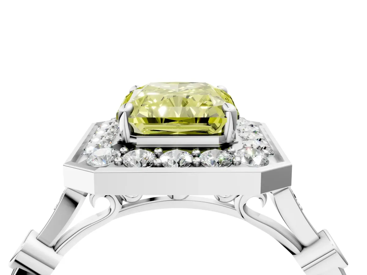Fancy Yellow Radiant Cut Halo Diamond Engagement Ring with Twisted Band and Four-Prong Setting Platinum