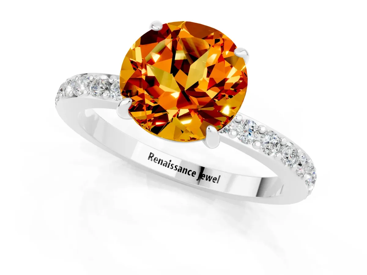 Round Cut Citrine Solitaire Engagement Ring with Pavé Band and Four-Prong Setting Silver