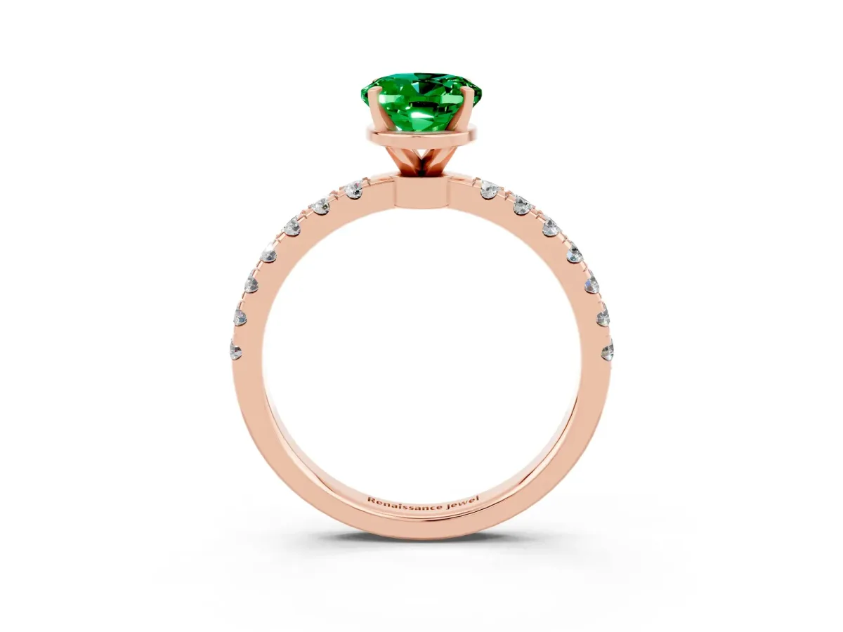 Oval Cut Emerald Solitaire Ring with Pavé Accents and Four-Prong Setting Rose gold
