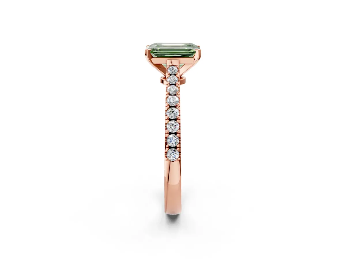 Fancy Green Emerald Cut Cut Solitaire Diamond Engagement Ring with Pave Band and Four-Prong Setting Rose gold