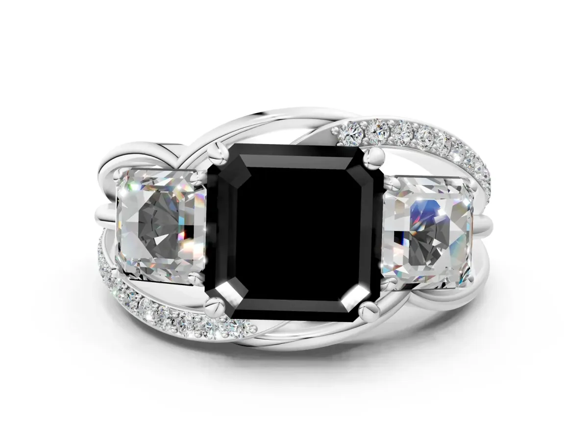 Fancy Black Three-Stone Asscher Cut Cut Diamond Split Shank Prong Set Ring Platinum