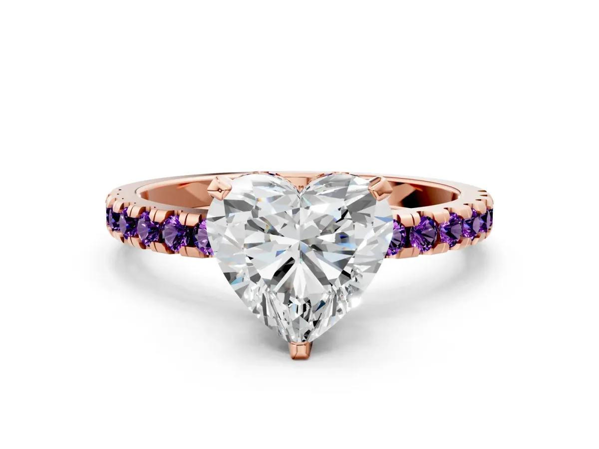 Heart Cut Diamond Solitaire Ring with Round Amethyst Pavé Band and Four-Prong Setting Rose gold