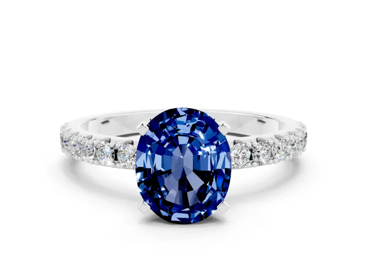 Oval Cut Blue Sapphire Solitaire Pavé Band with Four-Prong Setting Platinum