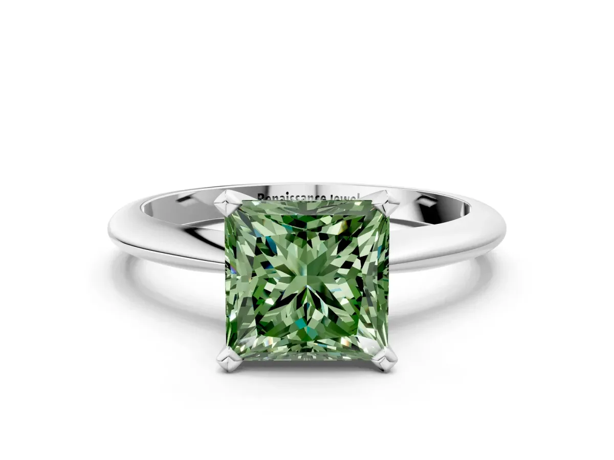 Fancy Green Princess Cut Diamond Solitaire Engagement Ring with Classic Band and Four-Prong Setting White gold