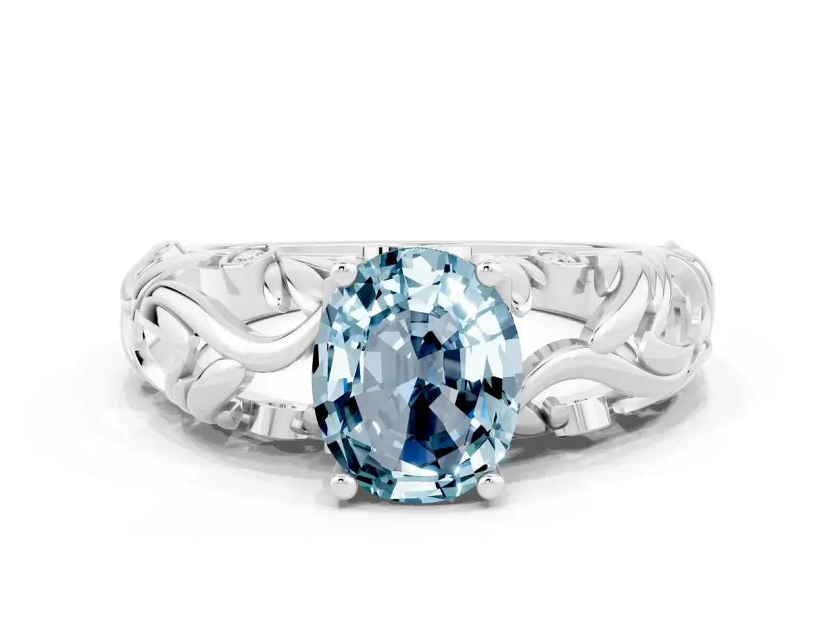 Oval Cut Solitaire Aquamarine Leaf-Inspired Vine Band Ring with Prong Setting White gold