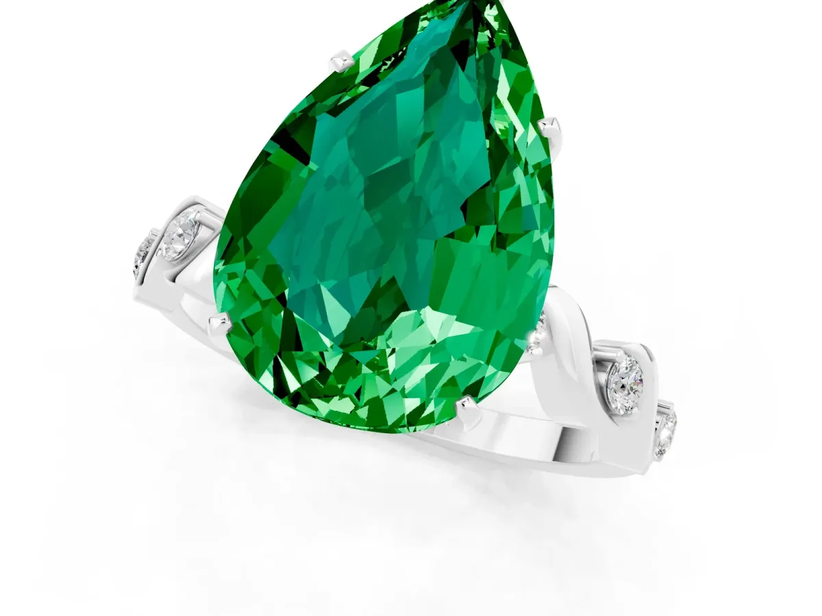 Pear Cut Emerald Solitaire Twisted Band with Round Accents and Prong Setting Silver