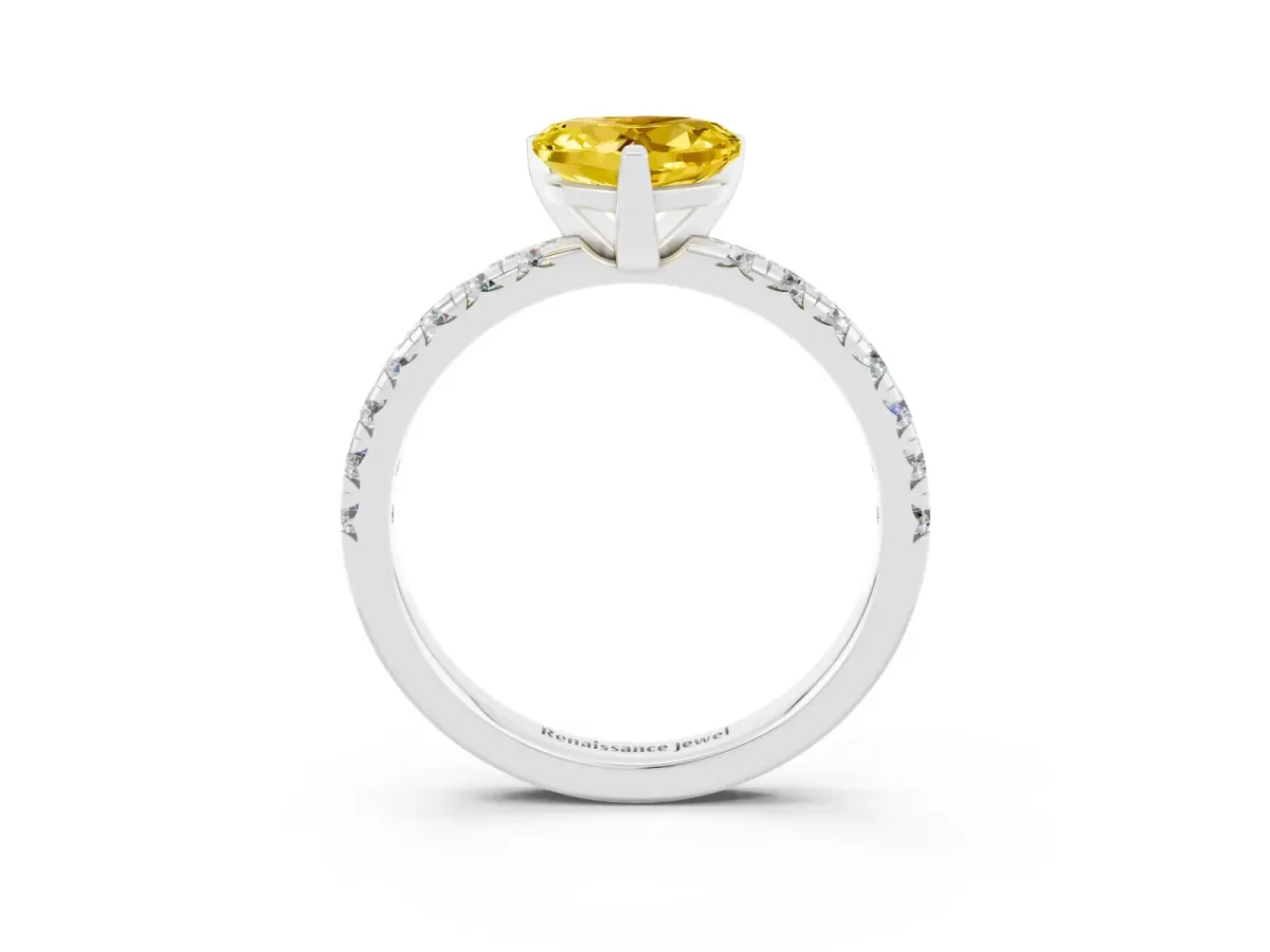 Heart Cut Yellow Sapphire Solitaire Pavé Engagement Ring with Round Band and Prong Setting Platinum