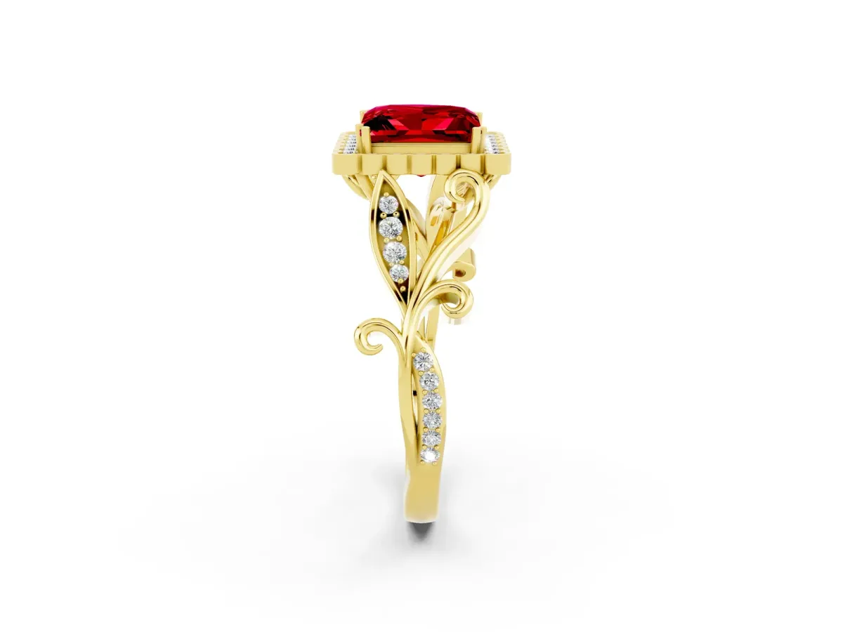 Princess Cut Ruby Halo Ring with Vintage Split Shank and Four-Prong Setting Yellow gold