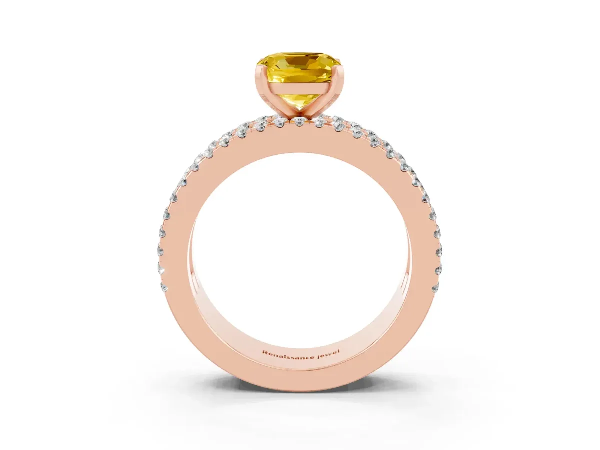 Cushion Cut Yellow Sapphire Solitaire Ring with Pavé and Channel Set Band Rose gold