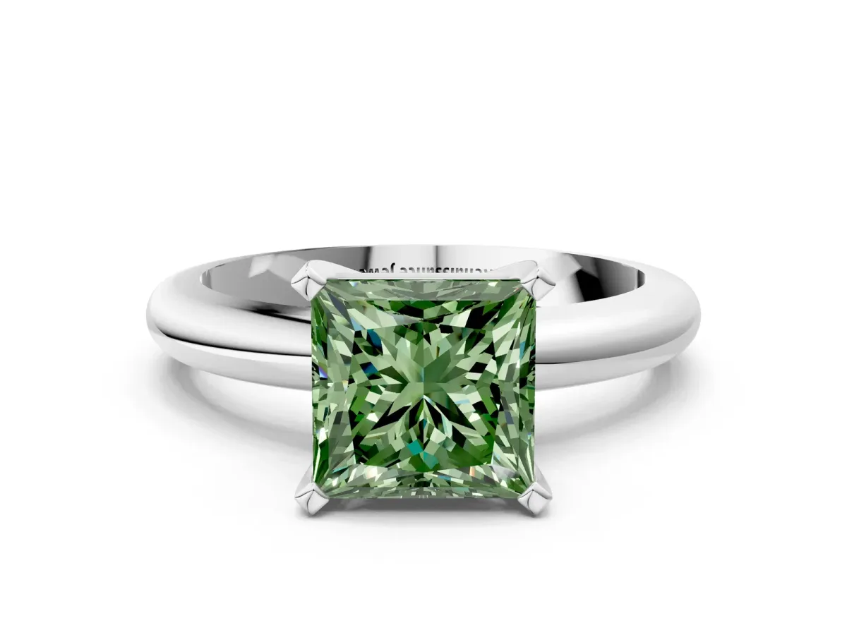 Fancy Green Princess Cut Diamond Solitaire Engagement Ring with Round Band and Four-Prong Setting White gold