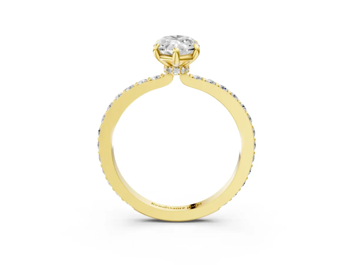 Marquise Cut Diamond Solitaire Engagement Ring with Pavé Band and Four-Prong Setting Yellow gold