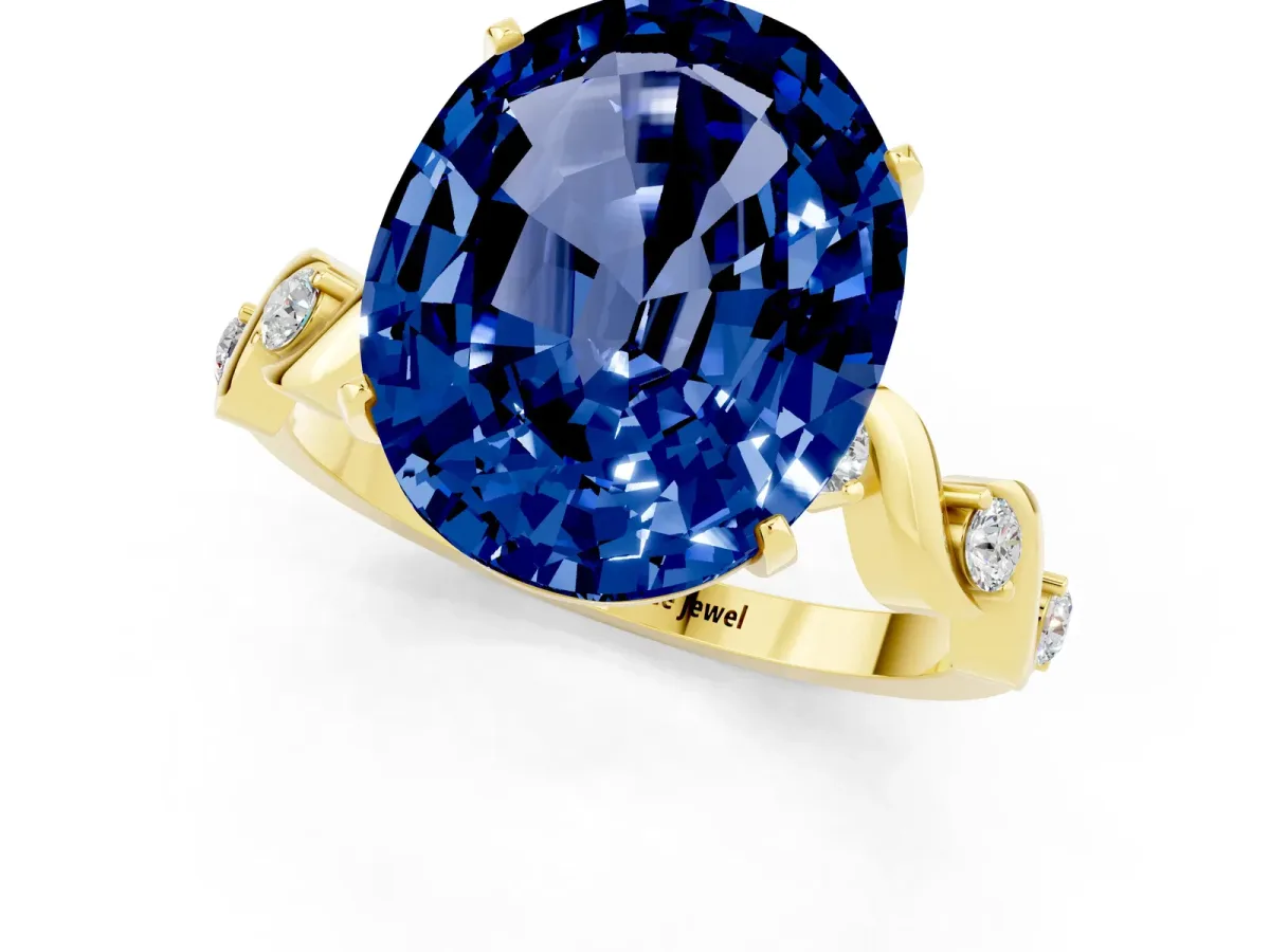Oval Cut Blue Sapphire Solitaire Twisted Band with Round Accents and Prong Setting Yellow gold