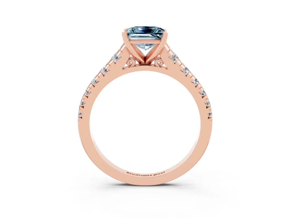 Princess Cut Aquamarine Cathedral Solitaire Ring with Round Pavé Band Rose gold