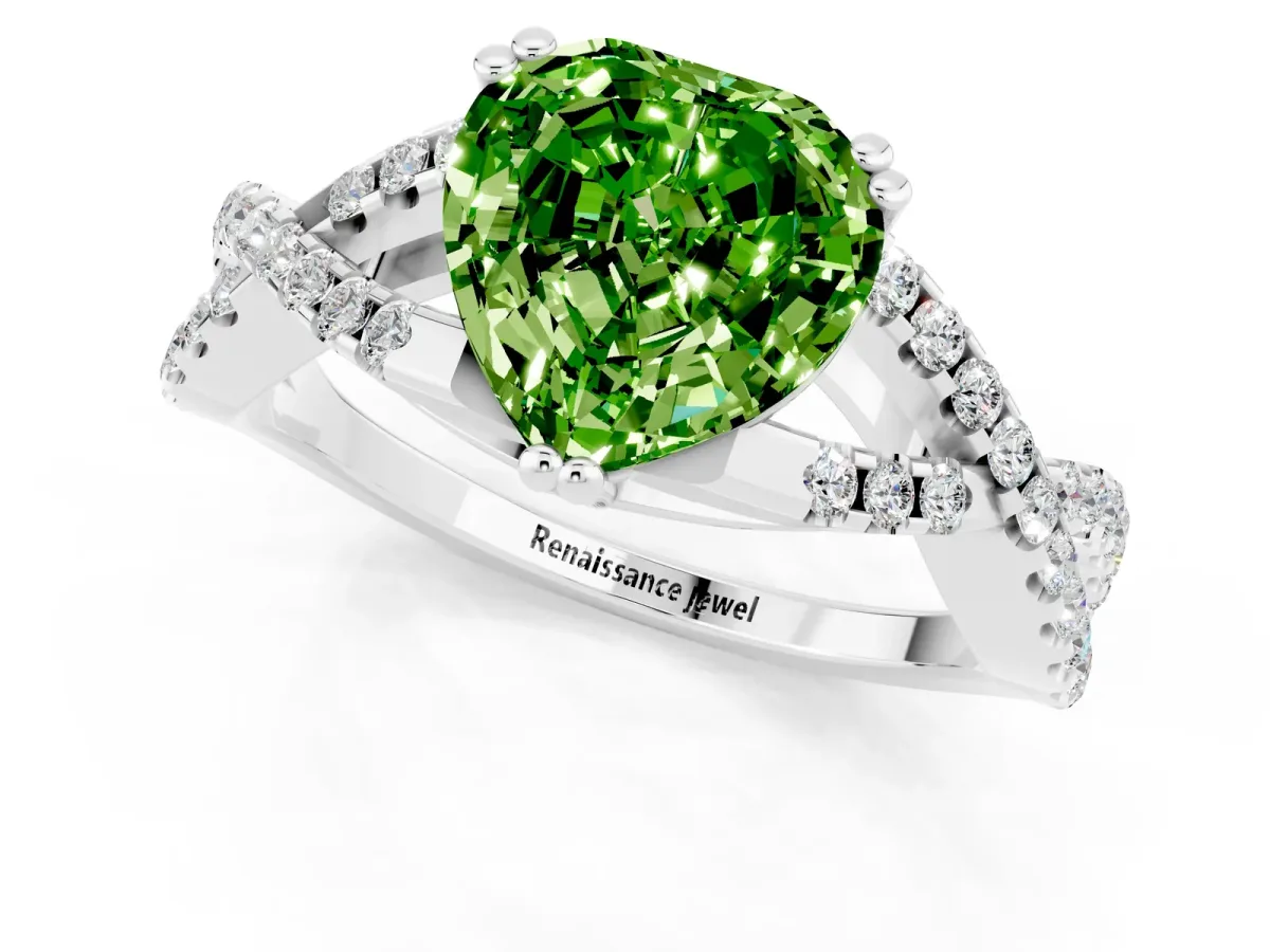 Heart Cut Peridot Solitaire Ring with Four-Prong Setting and Twisted Pavé Band Silver