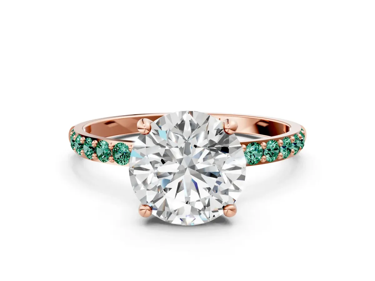 Round Cut Diamond Solitaire Ring with Round Green Sapphire Pavé Band and Prong Setting Rose gold
