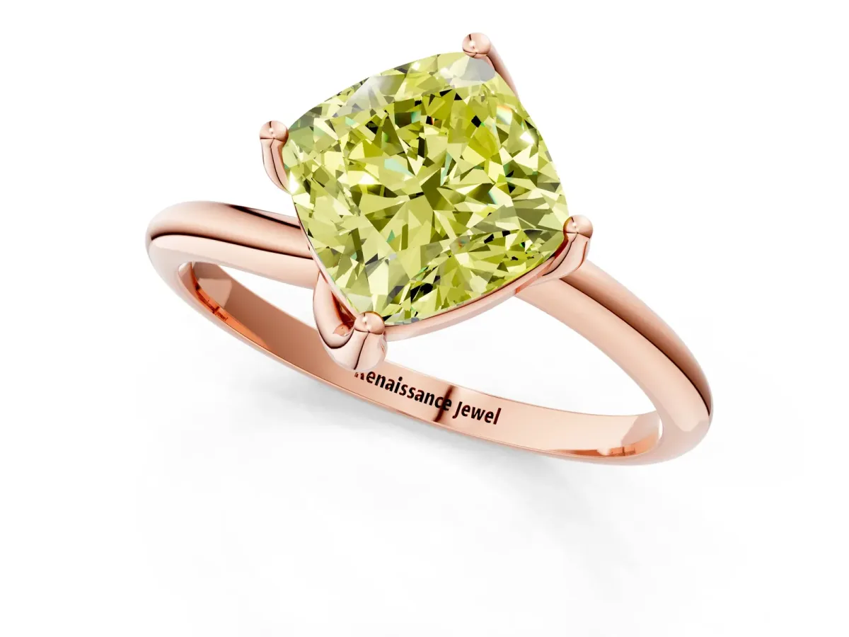 Fancy Yellow Cushion Cut Diamond Solitaire Engagement Ring with Four-Prong Setting and Classic Band Rose gold