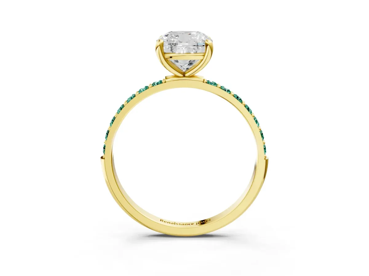 Cushion Cut Diamond Solitaire Ring with Round Green Sapphire Pavé Band and Prong Setting Yellow gold