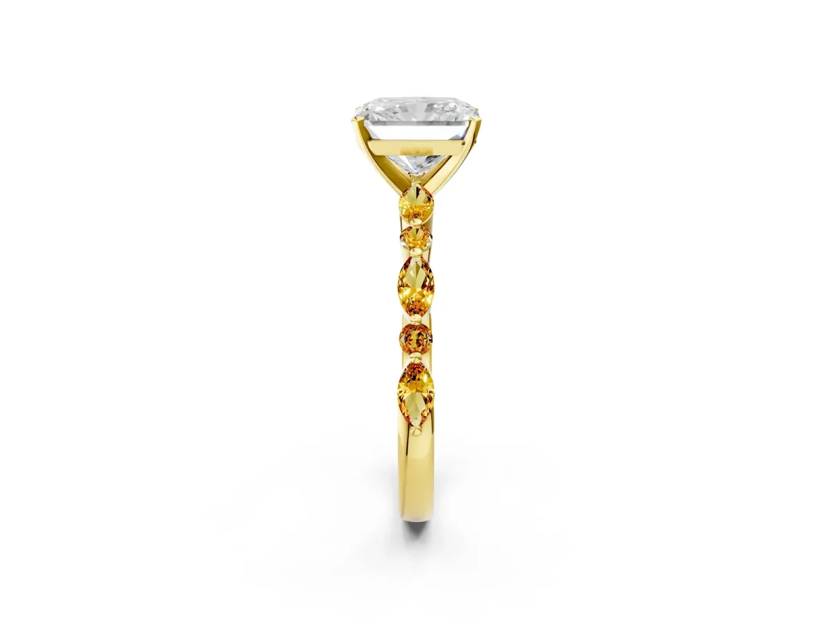 Radiant Cut Diamond Ring with Marquise and Round Citrine Side Stones and Four-Prong Setting Yellow gold